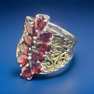 Signed STS 925 Sterling Silver Garnet Cluster Statement Ring Size 5